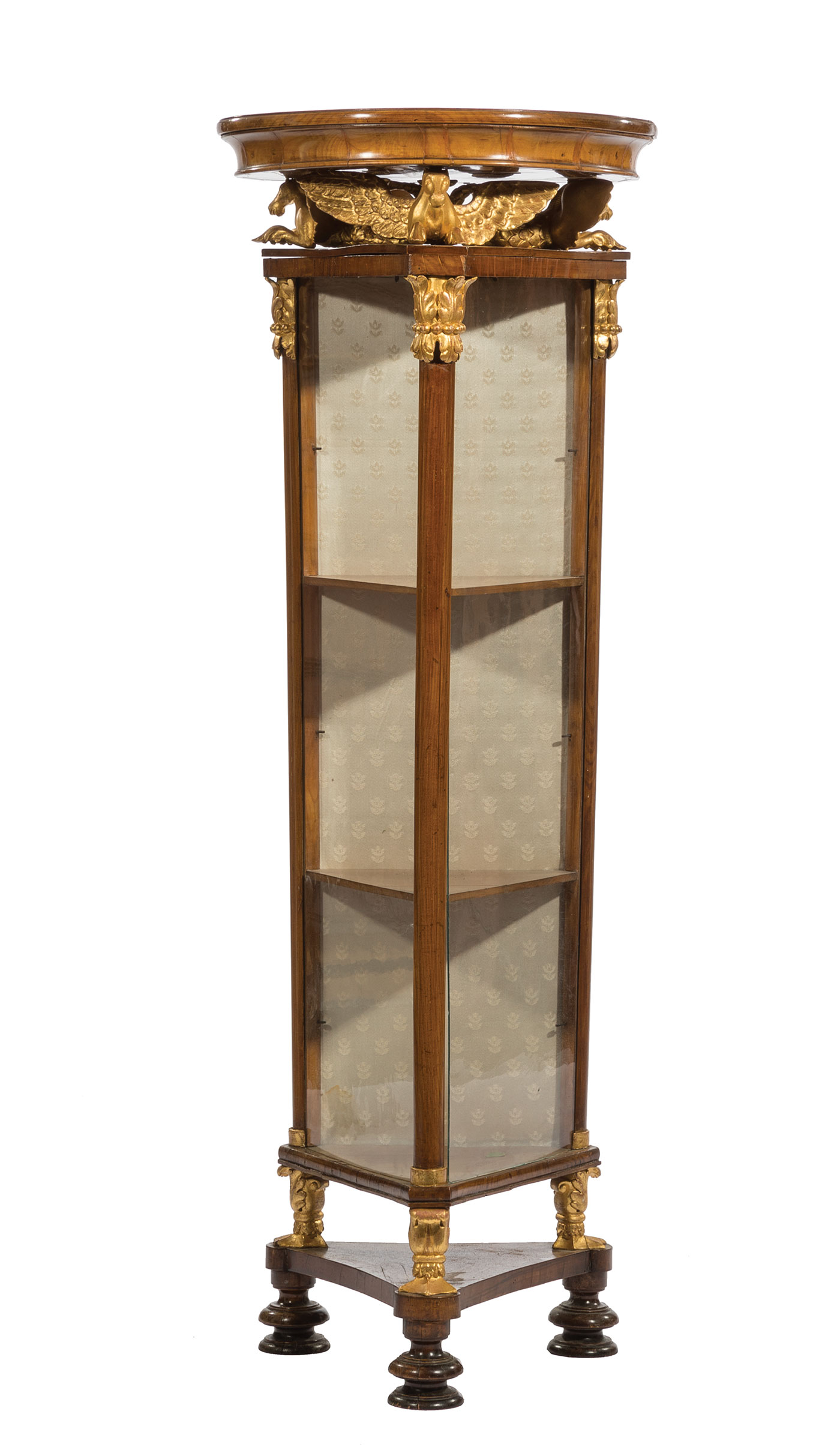 Biedermeier Parcel Gilt Fruitwood Vitrine Cabinet, 19th c., molded dished top, three hippocampus