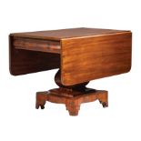 American Late Classical Mahogany Breakfast Table, 19th c., New York, drop-leaf top, ogee frieze,