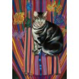 Pat Trivigno (American/Louisiana, 1922-2013), "Tabby Cat on Textiles", 1994, oil on canvas, signed