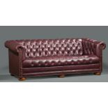 Chesterfield Leather Sofa, button tufted back, seat and arms, nailhead trim, bun feet, h. 28 1/2