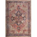 Antique Heriz Carpet, red and blue ground, central medallion and spandrels, 7 ft. 4 in. x 10 ft. 5