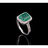 Platinum, Emerald and Diamond Ring prong set octagonal step cut emerald, wt. 3.61 cts., 10.05 x 7.92