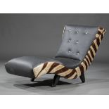 Contemporary Leather Lounge Chair, button back, zebra skin sides, outswept tapered legs, h. 33