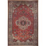 Antique Serapi Carpet, red ground, central medallion, spandrels, stylized floral design, 9 ft. 3 in.