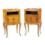 Pair of Continental Painted Petite Commodes, 19th c., scalloped galleried top, open shelf,