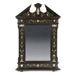 Continental Mother-of-Pearl Inlaid and Ebonized Mirror, late 19th c., broken pediment crest,