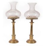 Pair of Miniature American Brass Sinumbra Lamps, 19th c., Gothic cut glass shades, electrified, h.