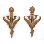 Pair of Napoleon III-Style Carved Giltwood Two-Light Sconces, 19th c., torch-form backplate,