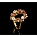 18 kt. Yellow Gold, Ruby, Pink Sapphire and Diamond Ring Reminiscent of a "King Cake", tiered oval