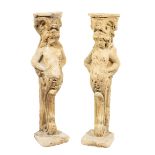Pair of Continental Cast Stone Term Pedestals, molded plinth top, shell, scroll and foliate motifs