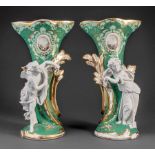 Pair of Paris Bisque, Polychrome and Gilt Porcelain Flare Vases, mid-19th c., impressed "465" or "
