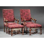 Pair of Louis XIV-Style Carved Mahogany Fauteuils a la Reine and Stools, high rectangular backs,