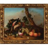 Continental School, 1831, "Still Life and Nature Morte with Peaches, Fruit and Birds in a