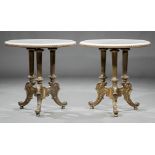 Pair of Antique Continental Brass Occasional Tables, each with inset marble top, beaded scrolled