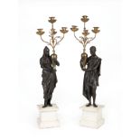 Pair of French Patinated Bronze and Marble Four-Light Figural Candelabra, c. 1900, male and female