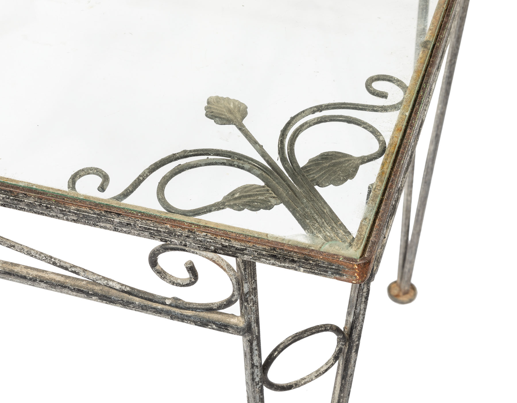Vintage Wrought Iron Garden Suite, incl. four chairs and table with associated glass top, scroll and - Image 4 of 5