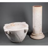 Continental Marble Mortar on Stand, h. 45 1/2 in., w. 28 1/2 in., d. 28 1/2 in . Provenance: Schwitz