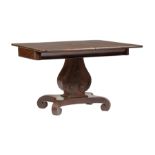 American Late Classical Mahogany Games Table, early-to-mid 19th c., foldover swivel top, blocked