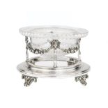 Antique English Silverplate Caviar Serving Dish, 19th c., cut glass bowl, stand with garland swags