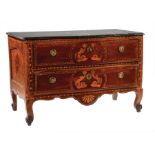 Italian Marquetry and Fruitwood Commode, 19th c. and later, shaped black marble top, conforming