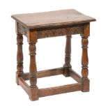 Antique English Oak Joint Stool, plank top, incised frieze, baluster turned legs, box stretcher,