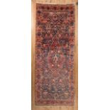 Antique Persian Malayer Center Hall Runner, red and blue ground, central medallion, 4 ft. 5 in. x 11