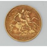A George V 1912 22ct gold half-sovereign, gross weight approximately 4g