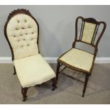 An Edwardian inlaid mahogany hall chair, with cream and gold fabric upholstered back and seat,