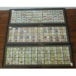 Three framed sets of 50 John Player cigarette cards including Footballers, Motorcars and