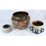 Royal Doulton stoneware jardinière, Royal Douton stoneware globular match striker and Royal