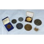 A Vincent Van Gogh gilt medallion, Lusitania medallion, and Osaka Japan shipyard medallion and