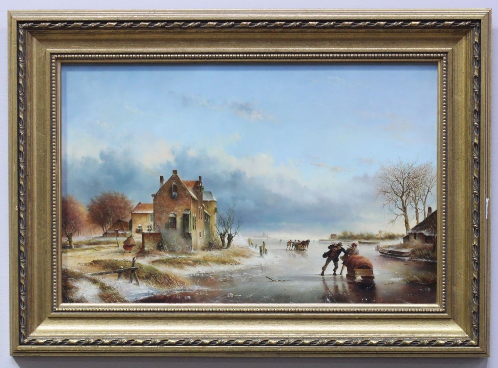 Leon Arie Feyen (b1947), Dutch landscape with figures on a frozen river with buildings on the banks,