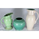 Three assorted pottery items comprising a Royal Cauldon jug, 21cm high, a Weatherby 'Falcon Ware'