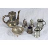 A Christofle silver-plated teapot, a small white-metal bowl and a small quantity of plated and