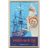 An original Network SouthEast Rail poster, 'Portsmouth b Train,' featuring HMS Victory and HMS