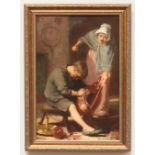 An interior study depicting an elderly lady with a young boy cleaning a copper kettle, signed E