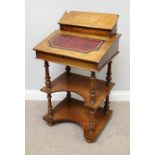 A late Victorian burr walnut Davenport /whatnot desk, with gilt-tooled red leather scribe on