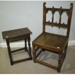 A late 17th/early 18th century carved, rustic oak stool, with turned supports, together with an