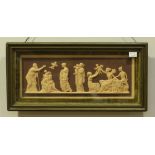 A 19th century bas-relief moulded terracotta panel, depicting a scene of classical figures and