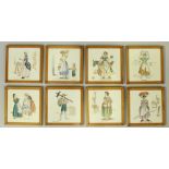 A set of eight ceramic tiles featuring 'Cries' or street vendors, 6" square, in wooden frames