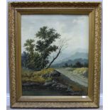 19th Century British School. Landscape with pond and mountains beyond, unsigned, oil on canvas in