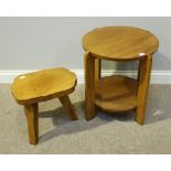 A small ash stool on squared, tapering supports, together with a circular two-tier table, 46cm