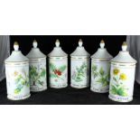 A set of six Limoges porcelain cylindrical drug jars with domed covers, each marked with a different