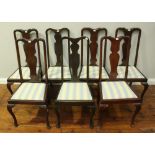 A set of 6 Queen Anne style standard dining chairs,with blue and white fabric drop in seats,