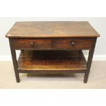 An 'antique' stained oak side table of rectangular form, with two short frieze drawers and planked