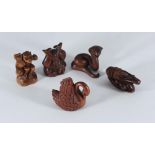 Five Japanese carved boxwood netsuke comprising monkey, swan, cobra, seated figure and crayfish (5)