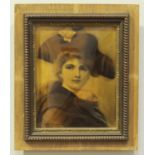 After Edith Scannell, a crystoleum portrait study of a lady wearing a hat, in wooden frame. 24 x