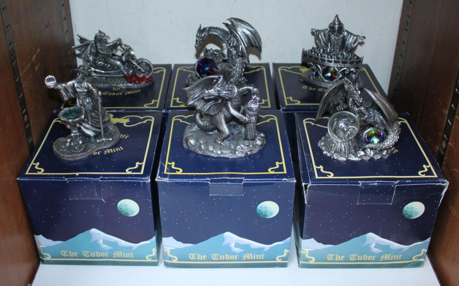 SECTION 27. Six pewter and crystal figures from The Tudor Mint collection, including dragons,