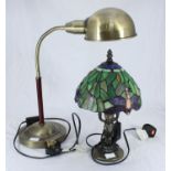 A small Tiffany style table lamp with stained glass effect shade, together with antique brass effect