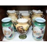 SECTION 19. Three pairs of Victorian pottery vases painted with various countryside scenes and a